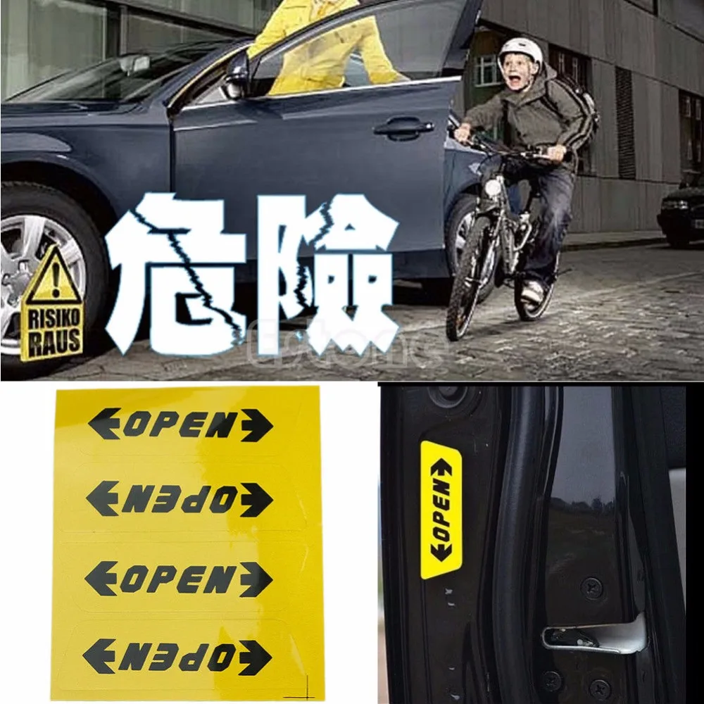 

4x Auto Stickers Reflective Car Door Opening Warning Safety Tips Decals Sign Y