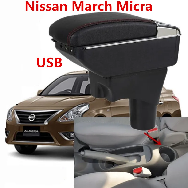 

For Nissan March Micra K13 MK4 IV armrest box central Store content Storage box with cup holder ashtray USB interface 2010-2017