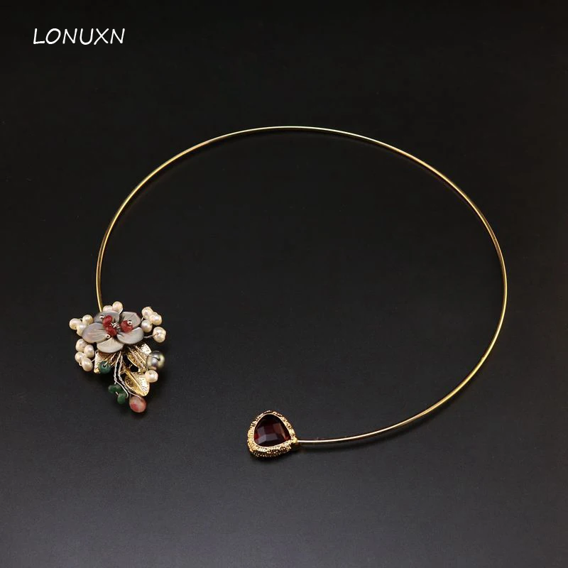 

High quality Elegant fashion retro rose pink Chokers necklace natural shell freshwater pearl flowers leaves shape female jewelry