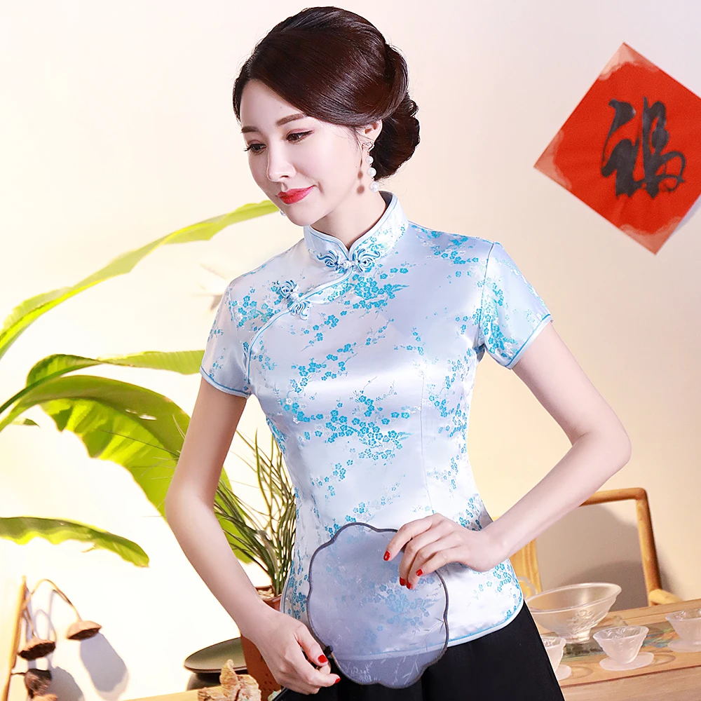 Дракон феникс Китайская национальная женская блузка Новая повседневная летняя рубашка с коротким рукавом топы традиционная одежда с воротником-стойкой