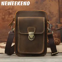 NEWEEKEND Ретро натуральной воловьей кожи Crazy Horse Малый Талия Плечо Crossbody телефон денежный мешок денег для телефона 1123