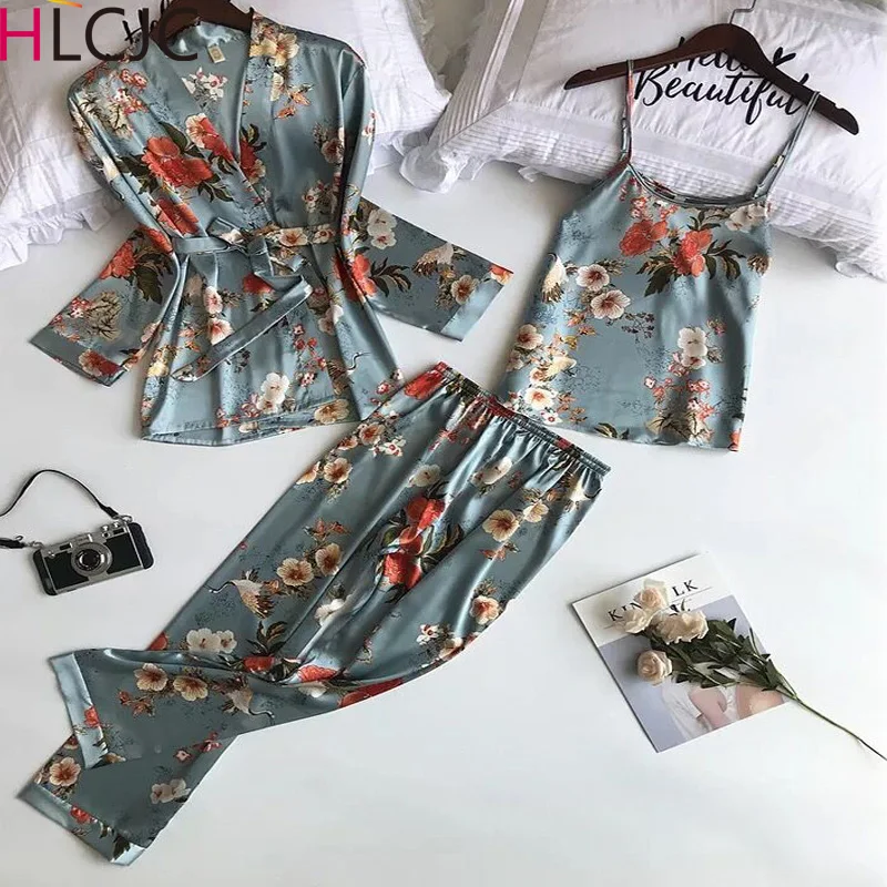 

2019 New 3 PCS Women Pajamas Sets with Pants Sexy Pyjama Satin Flower Print Nightwear Silk Negligee Sleepwear Comfortable Pyjama