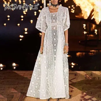 

CHICEVER Summer Vintage Hollow Out Dress For Women Square Collar Half Flare Sleeve High Waist Floor-Length A-Line The Dresses