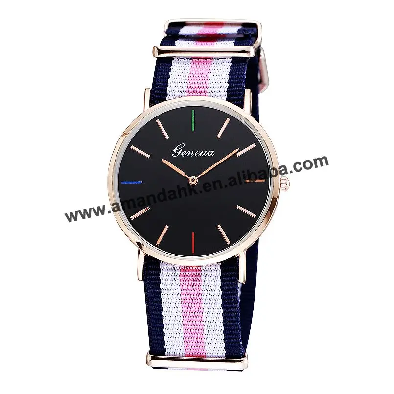 

New Hot Geneva Multicolor Stripe Watches Nylon Fabric Canvas Men Sports Watch Two Needle Women Wristwatch Hours Hot Sale Watch