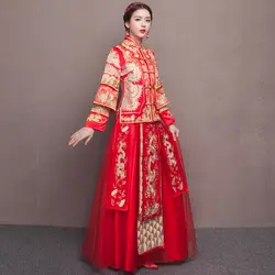 Традиционный Показать одежду дракон платье pratensis китайский стиль платье невесты красный вечернее платье замуж cheongsam la свадебное платье