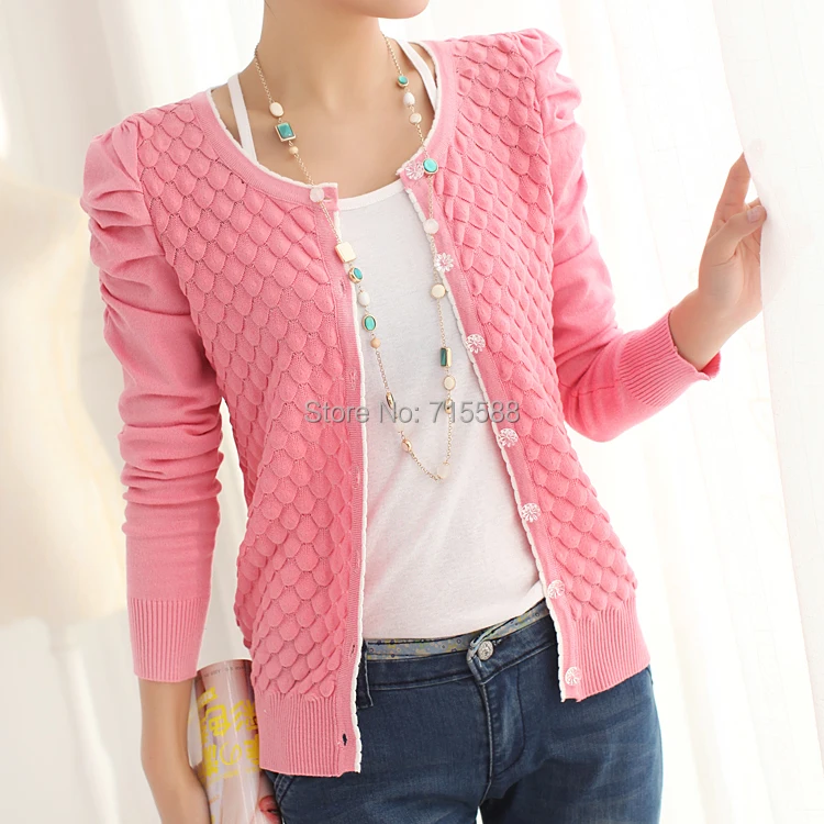 New Arrival 2015 Women's Spring Sweet Cardigan o Neck Puff