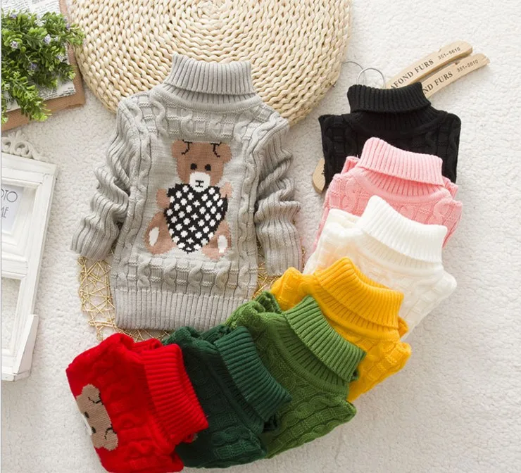 

Baby Girl Boy Sweater Cartoon Bear Kids Winter Knitted Warm Sweater Turtleneck Sweater Outerwear Pullover Children's Clothing