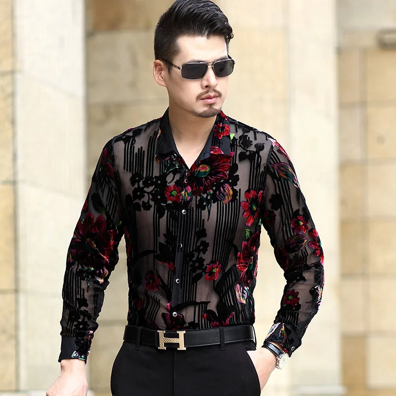 Men's See Through Floral Shirts Sexy 