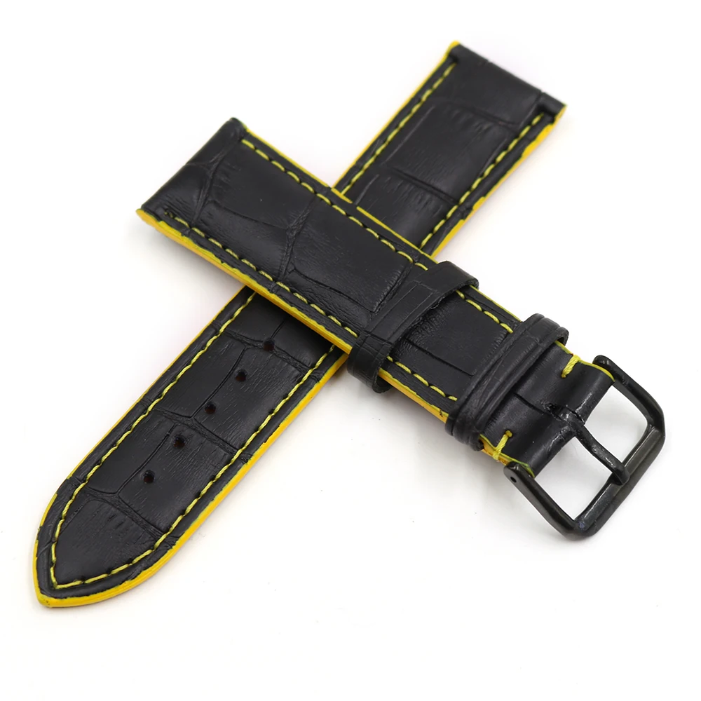 CARLYWET 18 20 22 мм черный натуральная кожа ручной работы желтые стежки Replacemet часы ремешок с серебряной полированной пряжкой