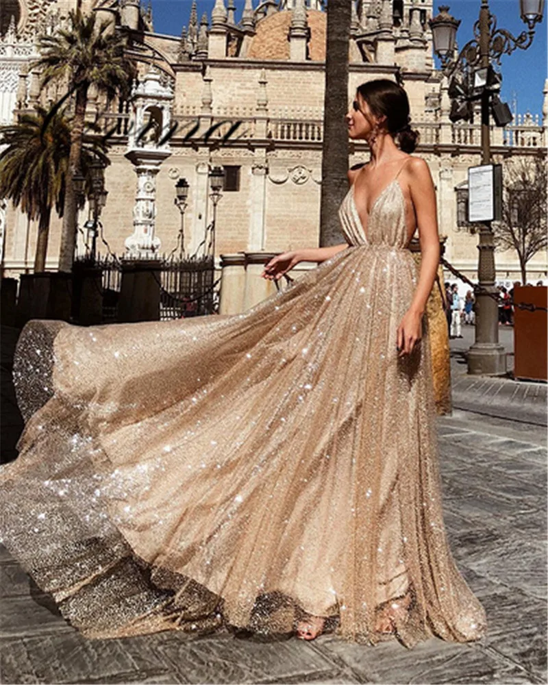 

Apricot Spaghetti Strap Deep V Neck Mesh Full Length Women Dress Evening Party Dress