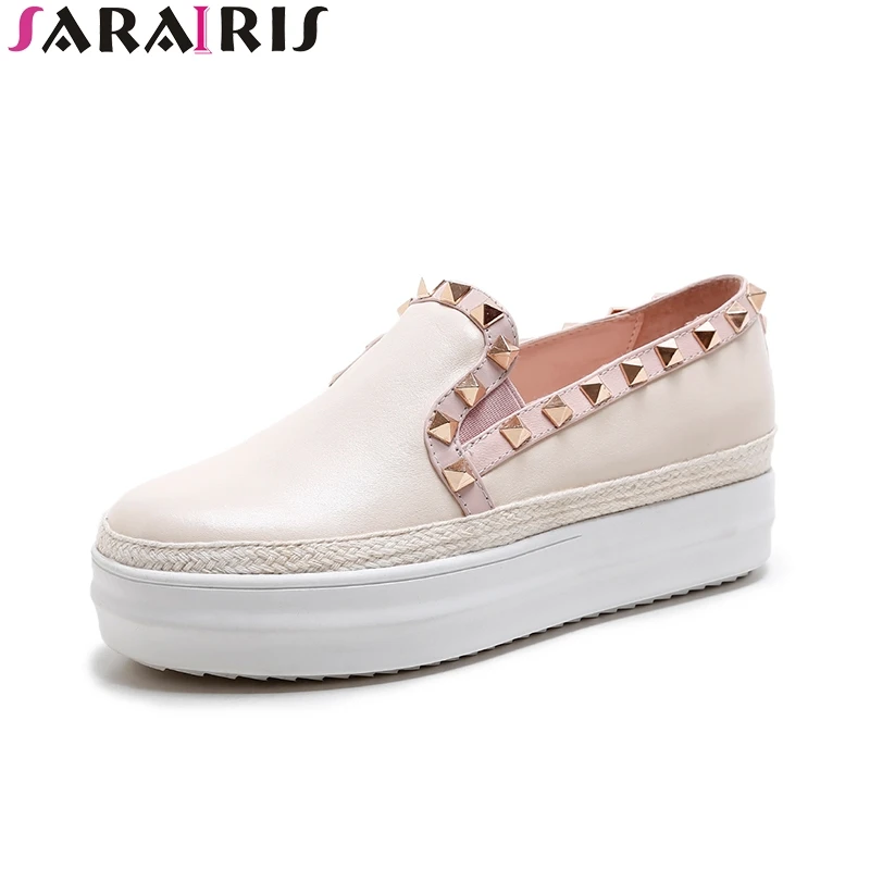 

SARAIRIS 2019 top quality genuine leather thick bottom Flats Shoes Woman White Casual loafers Women Shoes footwear
