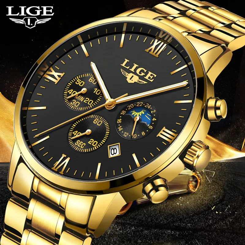 

LIGE Sport Quartz Waterproof Luxury reloj hombre Top Brand Stainless Steel Starp Chronograph Date Calendar relogio masculino+Box