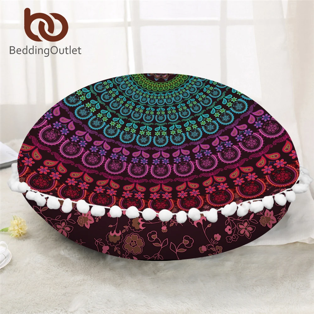 

BeddingOutlet Mandala Round Floor Pillow Case Bohemian Pompom Cushion Cover 2 Sizes Pouf Meditation Tassel Decorative Pillowcase