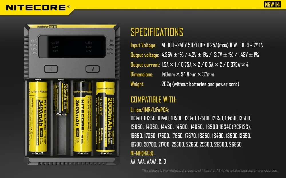 Nitecore i8 Новое i4 i2 интеллектуальное зарядное устройство 8 слотов всего 4A выход Смарт зарядное устройство для Li-Ion 18650 16340 10440 AA AAA 14500 26650