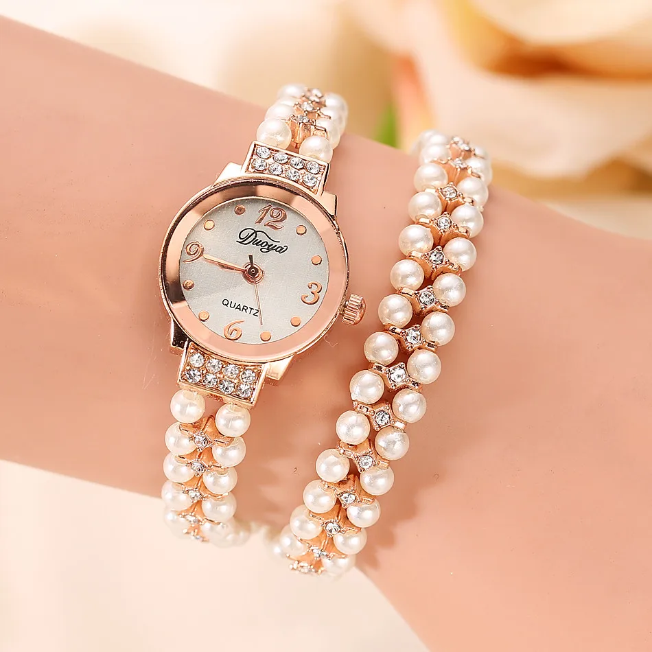 Новейший люксовый бренд Duoya бренд кварцевые часы женские золотистое жемчужное ожерелье стальной браслет наручные часы женские оптом Aug4
