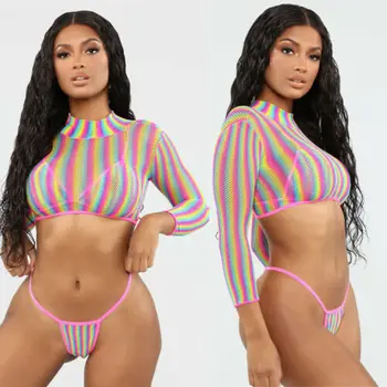 

Women Sexy 3PCS Bikini Set Mesh Cover Up Swimwear Long Sleeve Swimsuit Bathing
