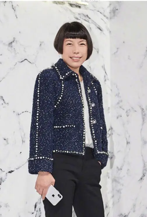 De Chic Automne Manteau 2018 Bleu Femmes Perles Top Recadrée Lâche Veste Piste Mode Tweed Blue Laine Noël Perle Revers qOYXwxA