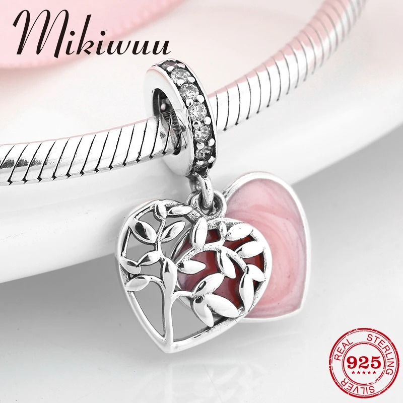 

925 Sterling Silver CZ Beautiful Tree of life pink heart enamel fine Pendant Bead Jewelry making Fit Original Pandora Charm Brac