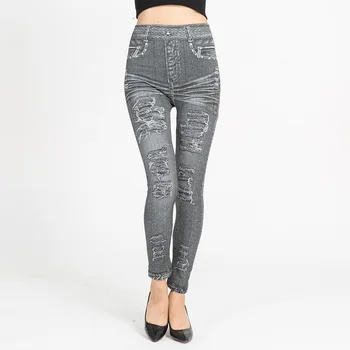 

2019 summer female imitation denim hips elastic leggings thin section slim slimming pants