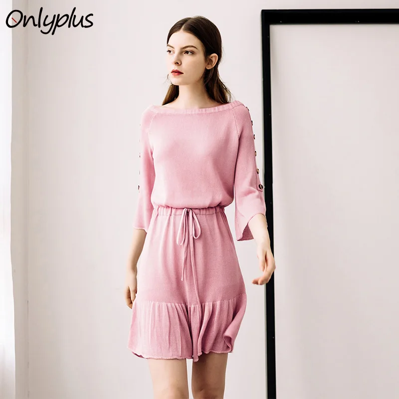 

Onlyplus Shoulder Off Women Dress Knitting Sweater Dress Elegant Loose Winter Belt Flare Sleeve Pink Knitted Mini Dresses