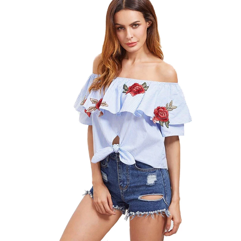 

Fashion Sexy Blouse Women Short Sleeve Ruffles Slash Neck Floral Embroidery Bow Tie Hollow out Sweet Ladies Floral Casual Bluse