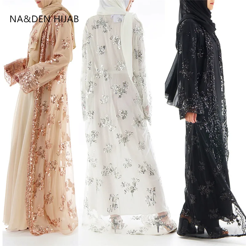 

Women abaya Muslim Dress luxury Hi-Q Islam floral Gold sequins embroidery full length EID kimono long front open fast shipping