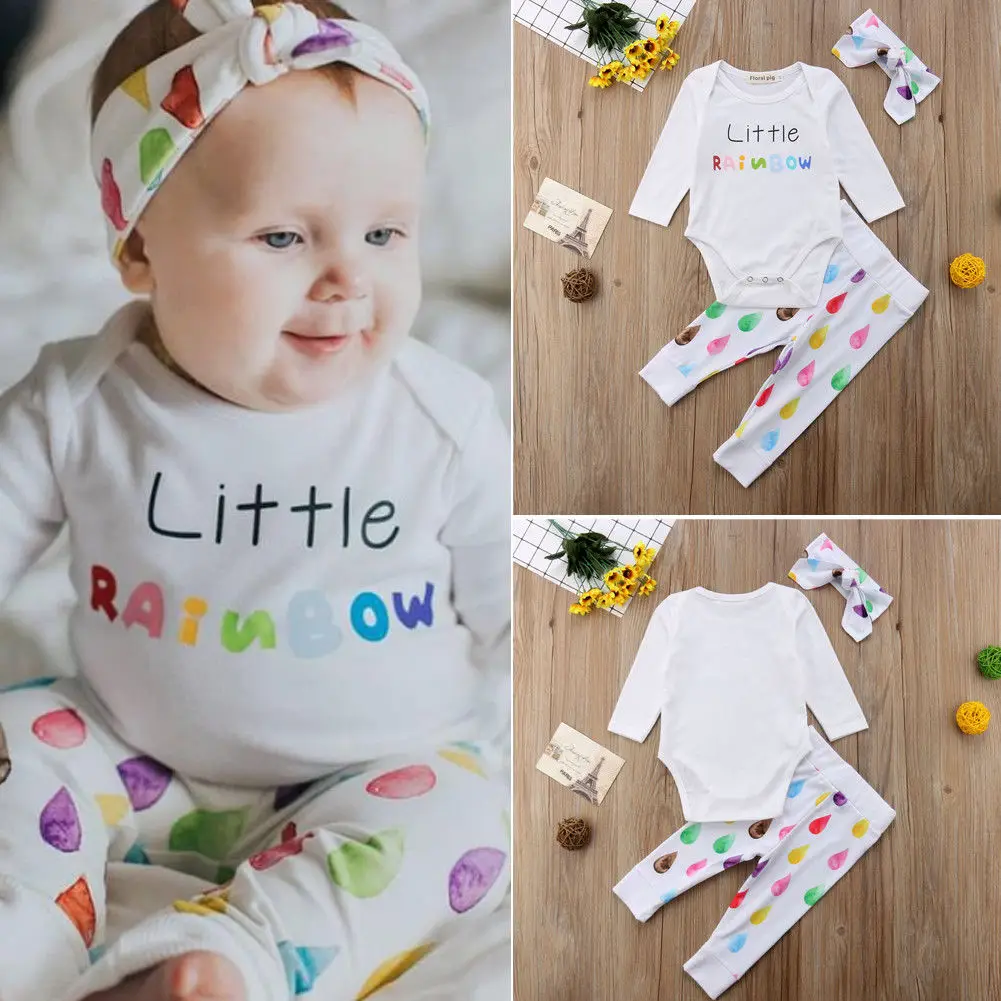 3Pcs Newborn Baby Set Infant Baby Girls Rainbow Romper Top+ Print Pants