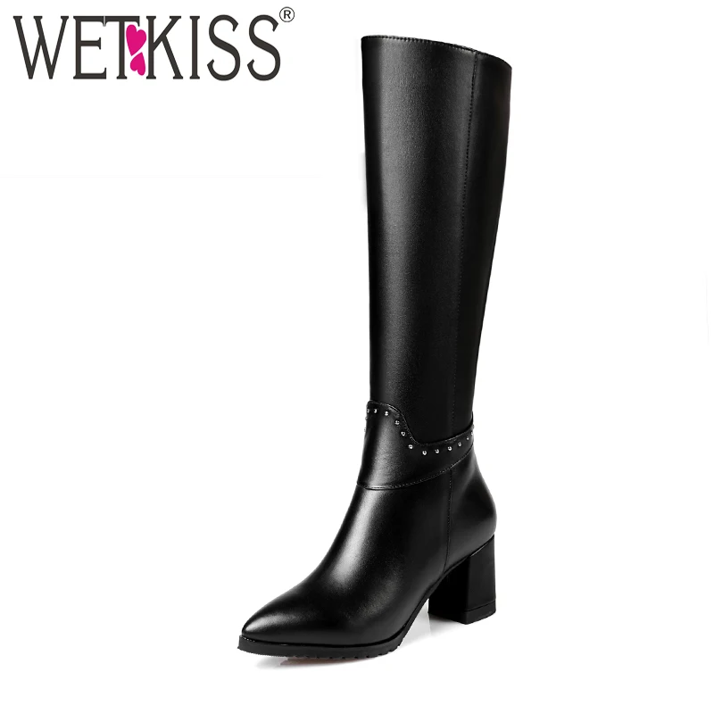 

WETKISS Sexy Pointed Toe Winter Boots Natural Leather Women's High Square Heel Shoes Woman Knee Boots Zipper Female Footwear