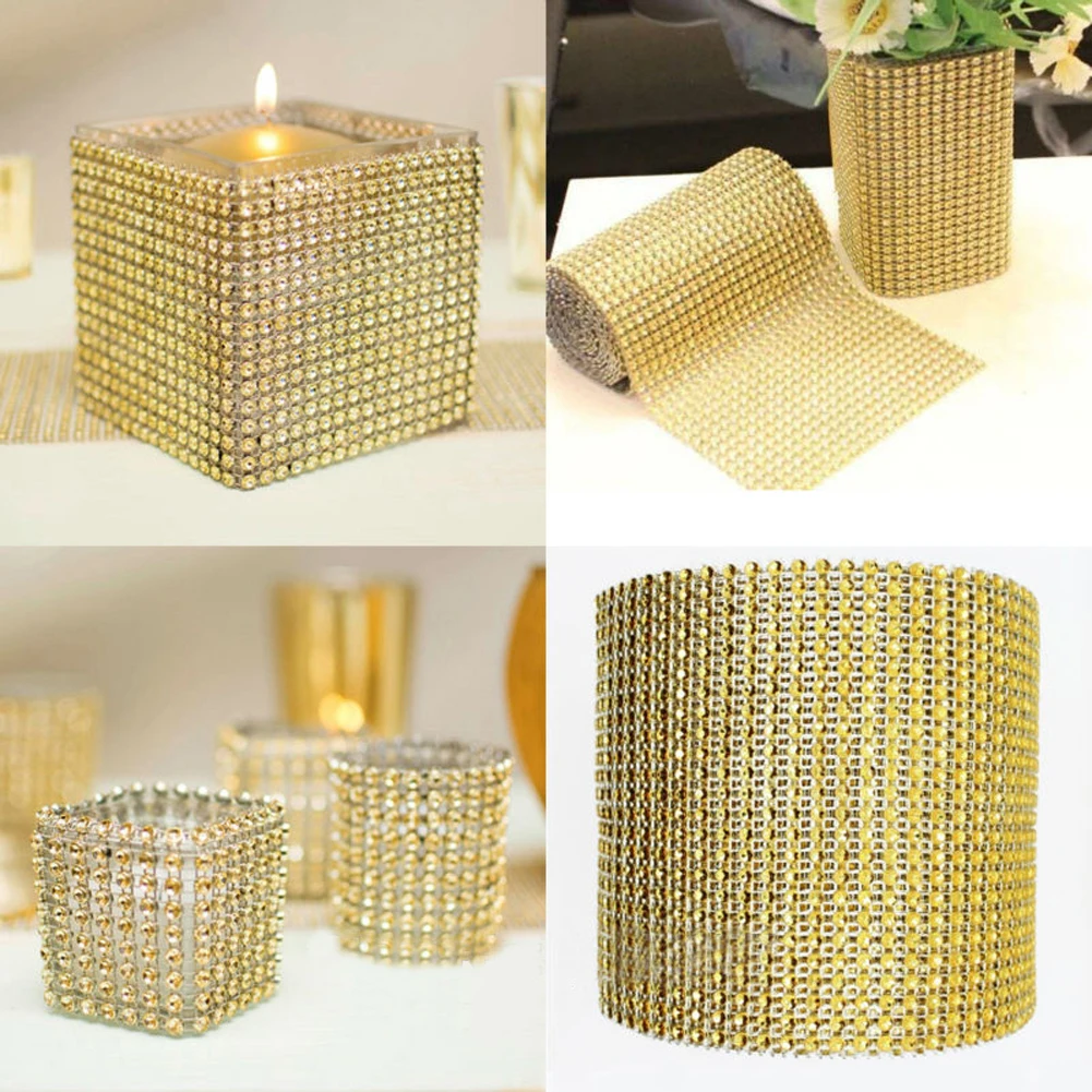 1Yard 8/24 Rows Gold Silver Crystal Diamond Mesh Rhinestone Ribbon for Wedding Party Gift Vase Floral Decoration Products Decor