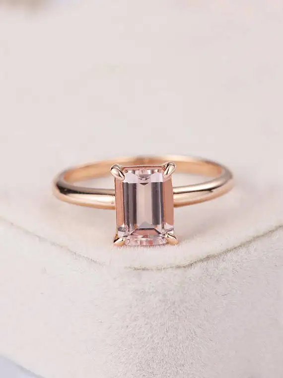 

MYRAY Natural Emerald Cut Pink Morganite Engagement Ring 14k Rose Gold Solitaire Wedding Bridal Set Women Anniversary Gift White