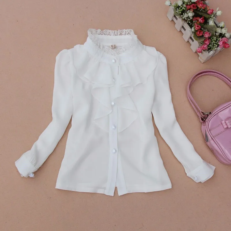 Весенне-осенняя шифоновая кружевная блузка для маленьких девочек 2-16 лет белая одежда Детская школьная рубашка с длинными рукавами для девочек топы для детей, 1589 - Цвет: Белый