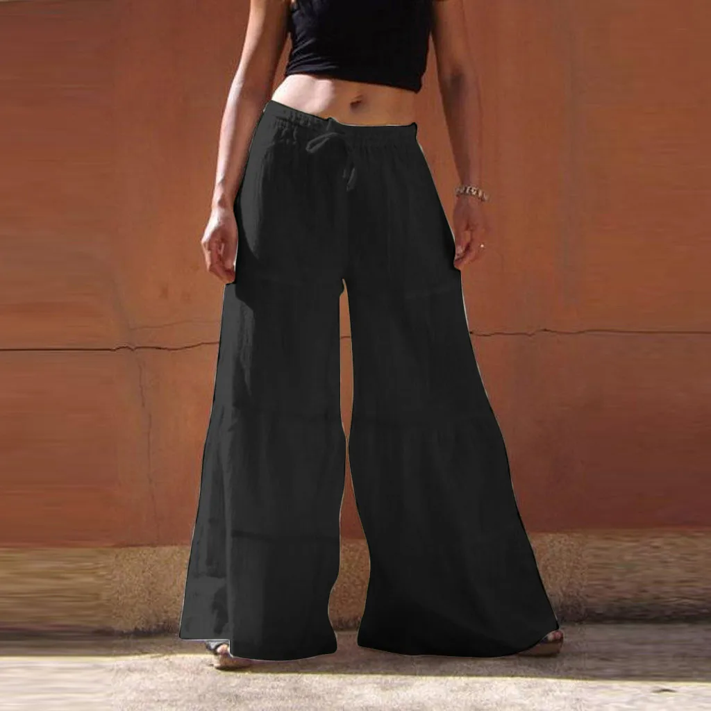 Pants Broad-legged Women Pure Colour Elastic Waist Casual  Cotton-Blend calca feminina wide leg pants spodnie damskie streetwear
