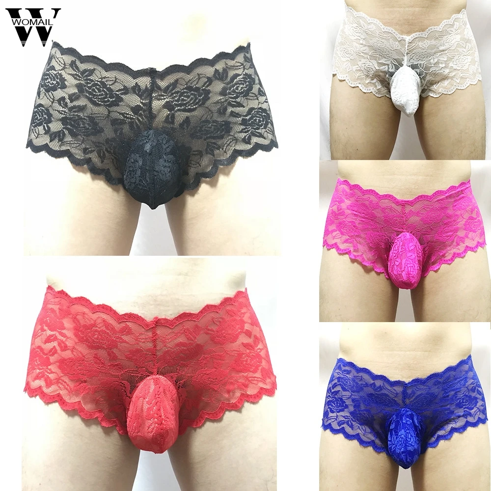 

New Mens Sexy Underwear Lace Solid Color Fashion Enhance Pouch Underpants 2018