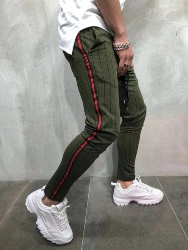 Harlan pants autumn new European and American style men's slim personality casual pants sports stripes design jogging trousers - Цвет: Армейский зеленый