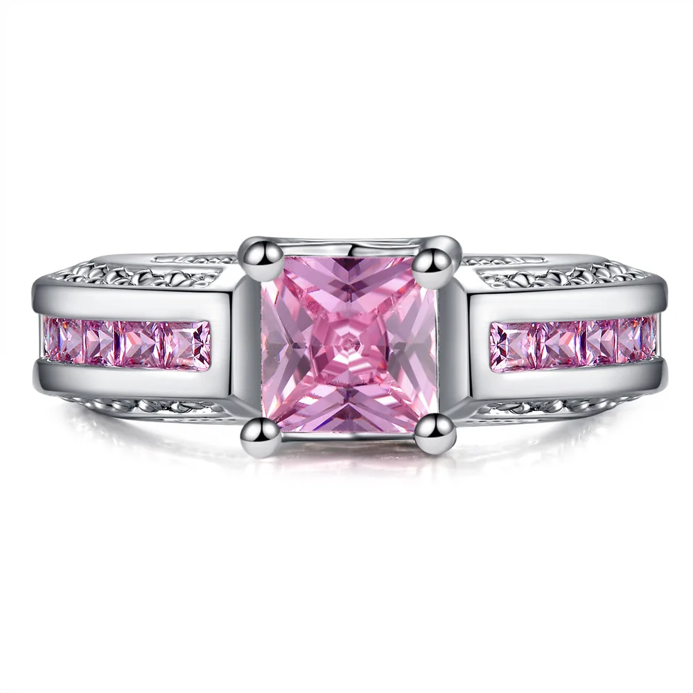 Silver Plated Ring for Wemon Simple and Solid Pink &amp Blue Color Stones Square Crystals Surround Full Sizes | Украшения и