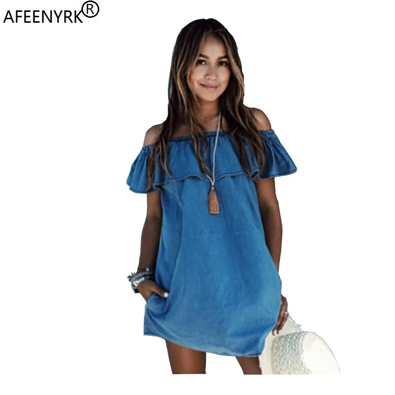 

2019 Women dress New Fashion Designer Loose Slash neck Jeans Dresses Summer Casual Sleeveless ladies elegant Denim Dresses