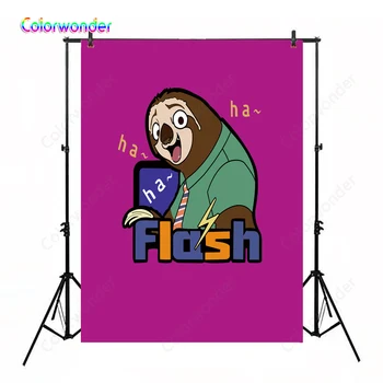 

Cartoon Photography Background Sloth Flash with Green Suit 5x7ft Purple Backdrops for Kids Birthday Baby Shower or Photo Booth