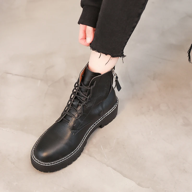 Г., новые осенние армейские ботинки женские кожаные ботинки черного цвета на платформе Ботильоны Женская обувь повседневная обувь на молнии со шнуровкой, Botas Mujer