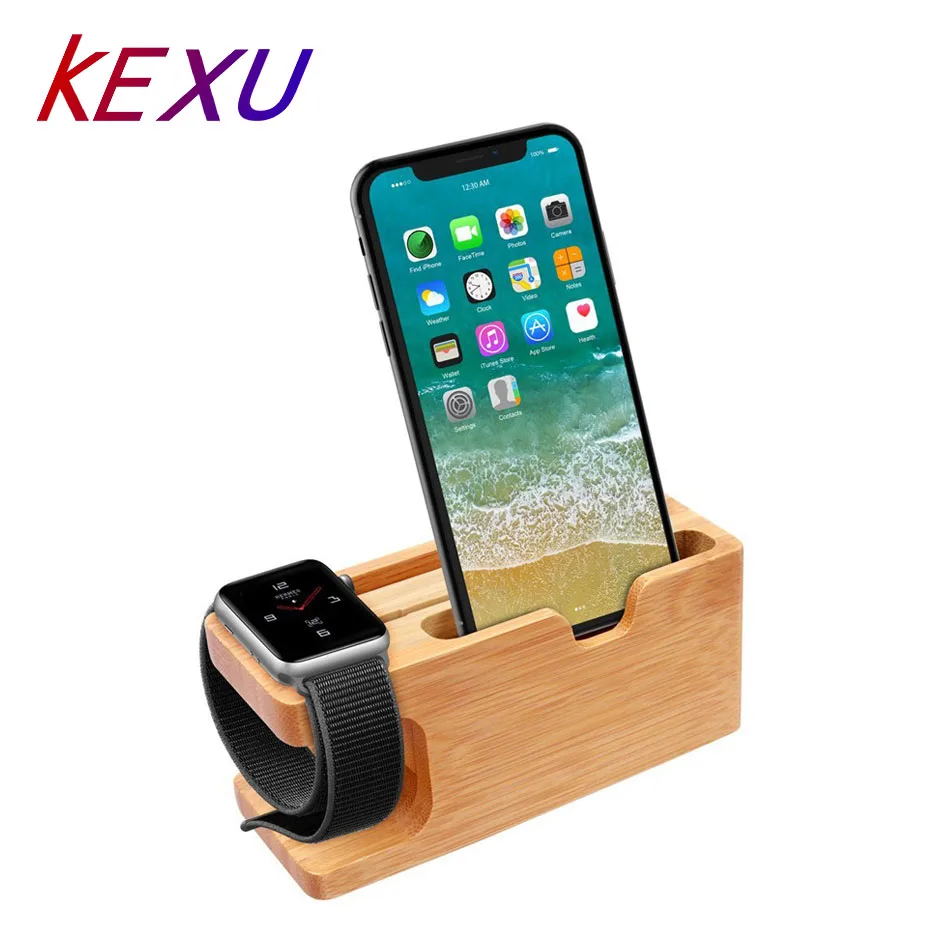 

KEXU Wooden Charging Dock Station for Mobile Phone Holder Stand Bamboo Charger Stand Base For Apple Watch and For iphone XIAOMI