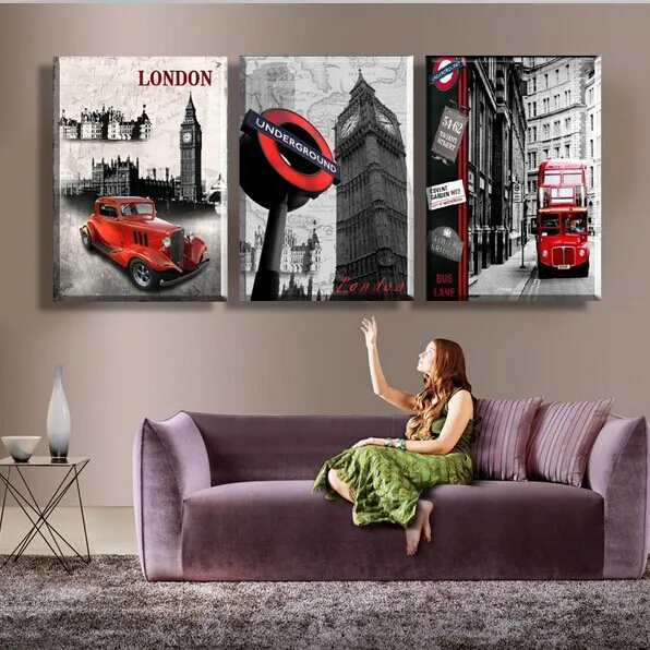 

HOME DECOR High Precision Print Canvas ART PRINT Set of 3 London street red bus Stretched CANVA PRINT Ready to Hang