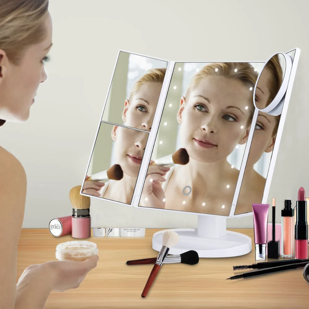 Светодиодный зеркало для макияжа 22 светодиодный освещенные Сенсорный экран 1X/2X/3X/10X увеличение складной регулируемый увеличительное