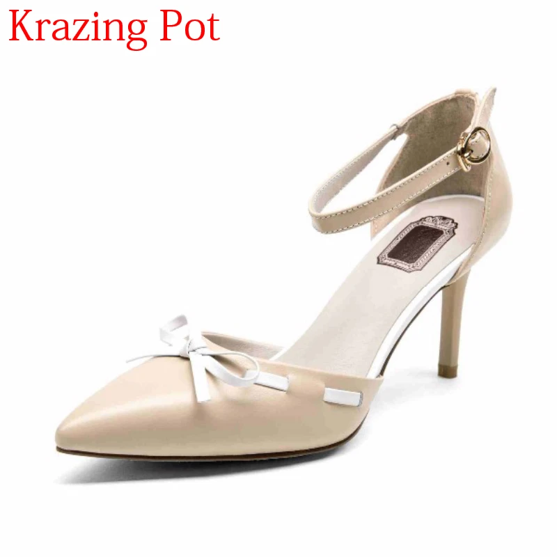 

2018 New Superstar Genuine Leather Brand Shoes Office Lady High Heels Women Sandals Ankle Strap Shallow Bowtie Wedding Shoes L1