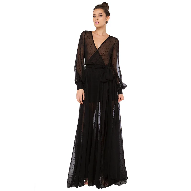 

New Spring and Summer New Sexy Cross Deep V Perspective Wave Spot Mesh Lace Dress 2019 Black Dress Women