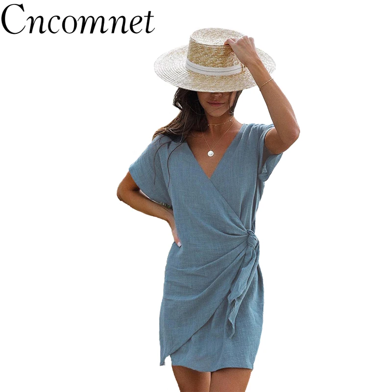 

Cncomnet Summer Kimono Wrap Bandage Women Dress Sexy V-neck Irregular Fashion Knot Mini Dress Female Solid Short Sleeve Sundress