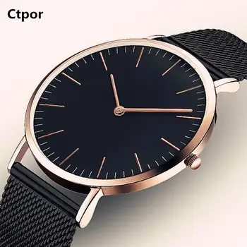 

Simple Watch No Logo Ctpor Brand Design Men's watches Black Stainless Steel Watchband Fashion Male Quartz Clock Slim New FD1301