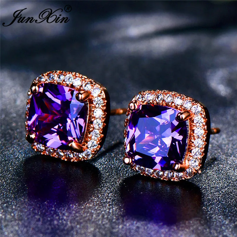 

2018 Female Grils Purple Geometric Earrings Fashion 18KT Rose Gold Wedding Jewelry Vintage Stud Earrings For Women
