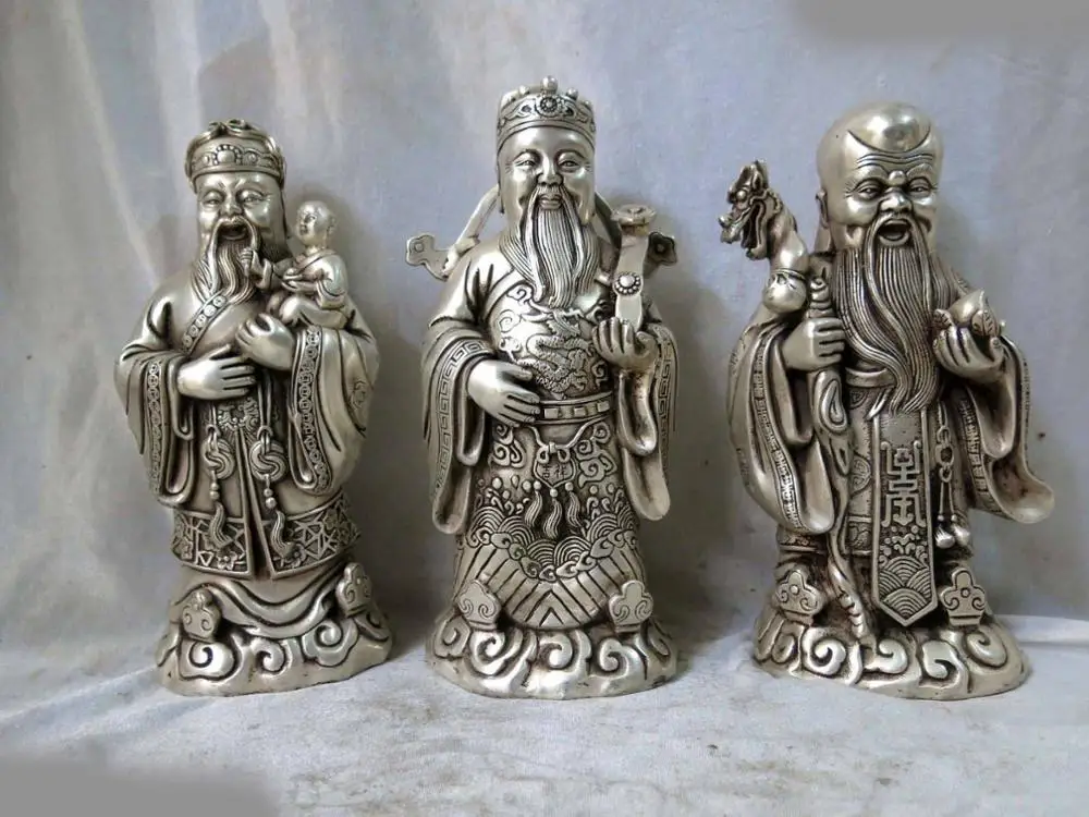 

10" China Silver fine workmanship longevity wealth blessing three buddha Statues