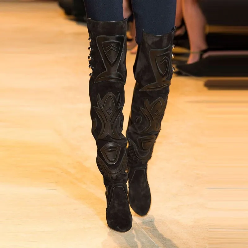 

2018 New 3D Prints Black Suede Women Thigh High Boot Fashion Women Shoes Rivets & Appliques High Heels New Autumn Winter Botas