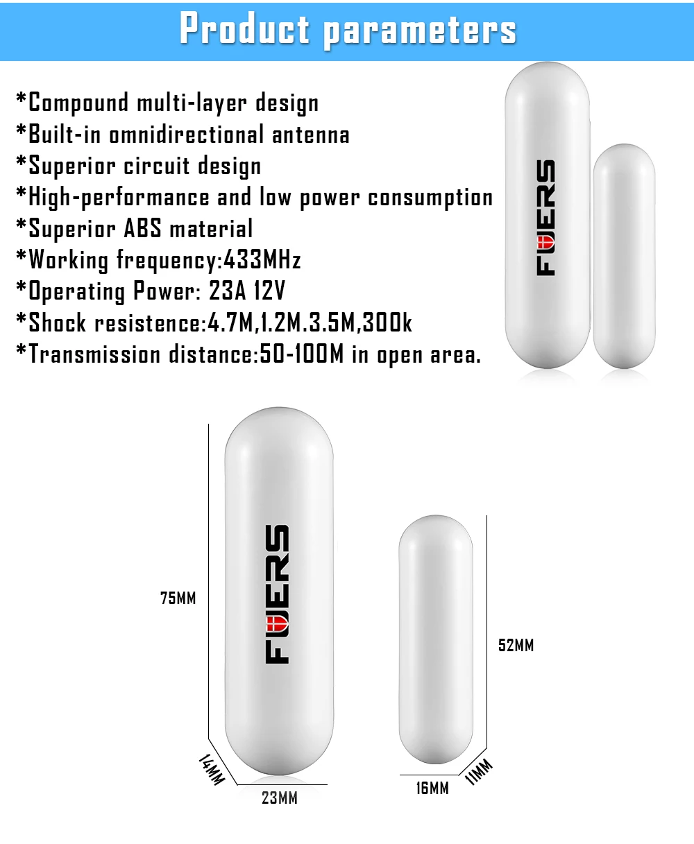 FUERS 433 МГц беспроводной автоматизированный дверной/оконный датчик низкого напряжения SMS Функция оповещения приложение управление дверной детектор для G18 G19 сигнализации