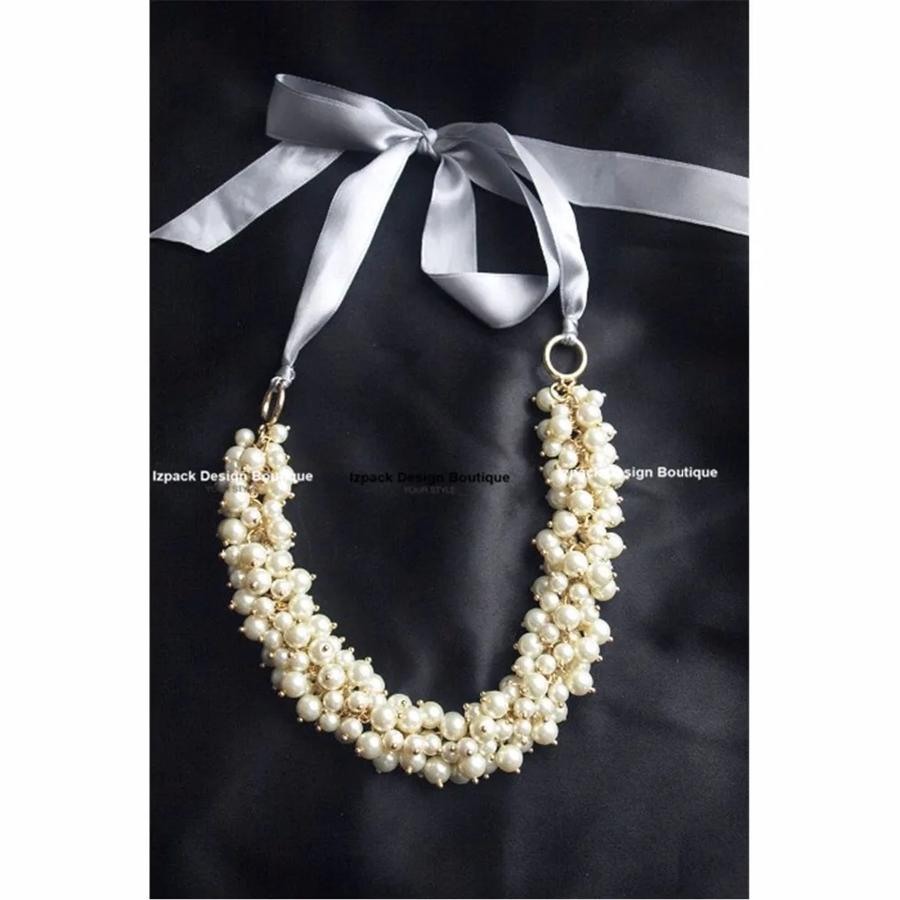Designer Luxury Multilayer Grey Satin Ribbon Faux Pearl Necklacefaux